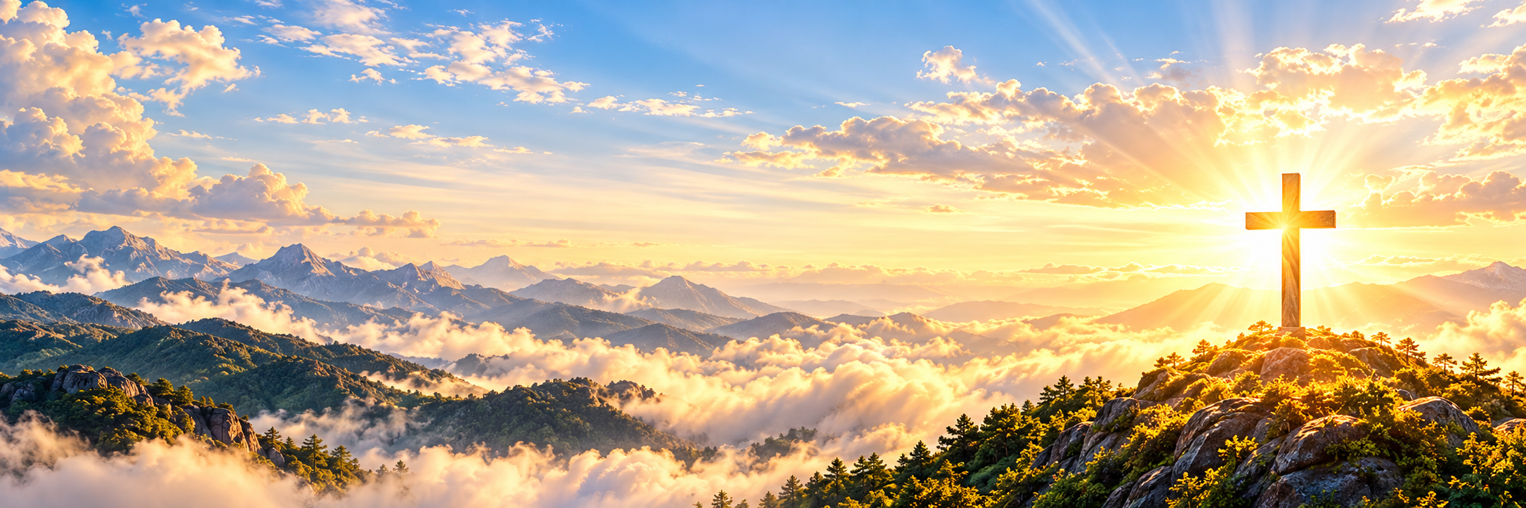 Golden cross over a sunrise above the mountains